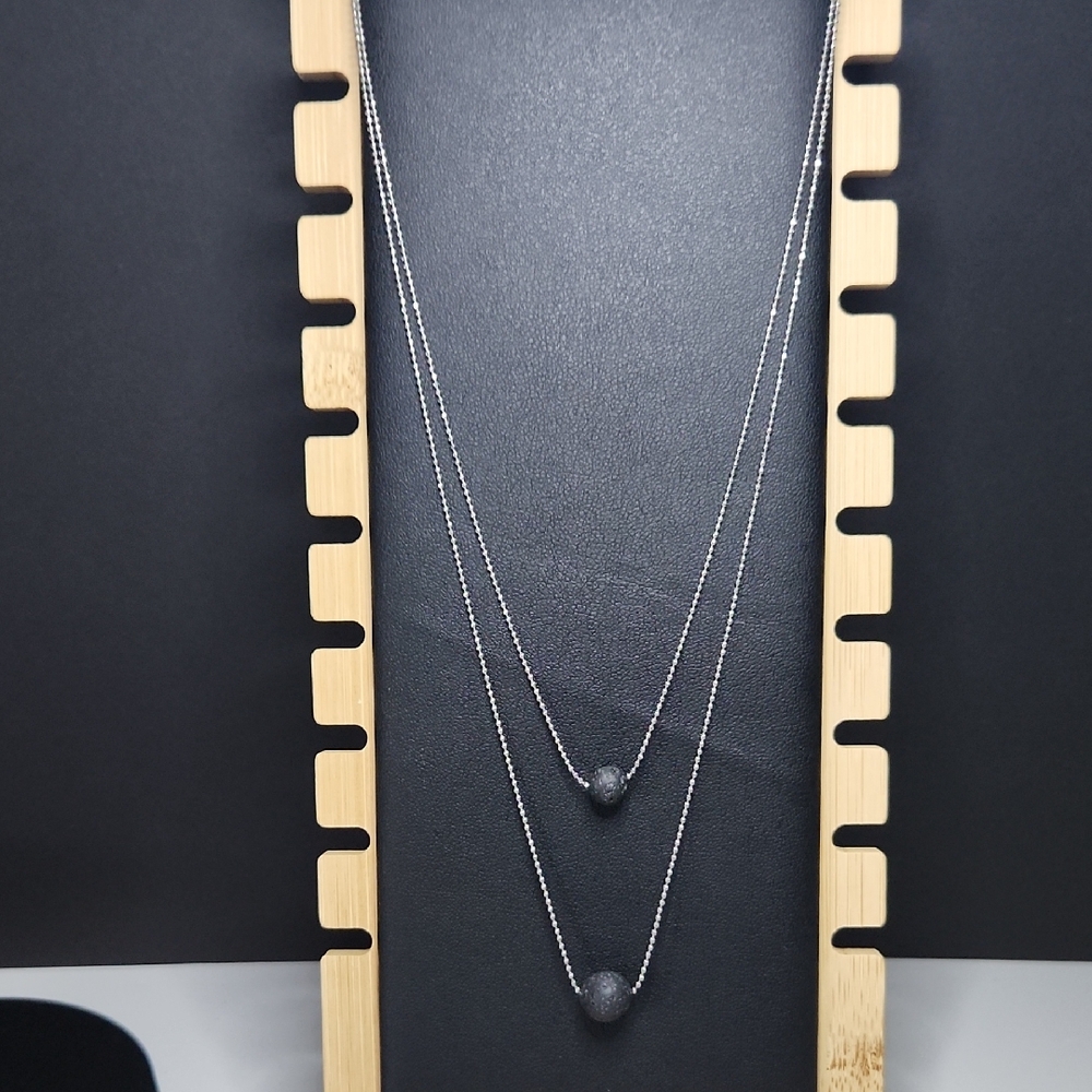Elegant Silver Double Layer Necklace With Lava Beads